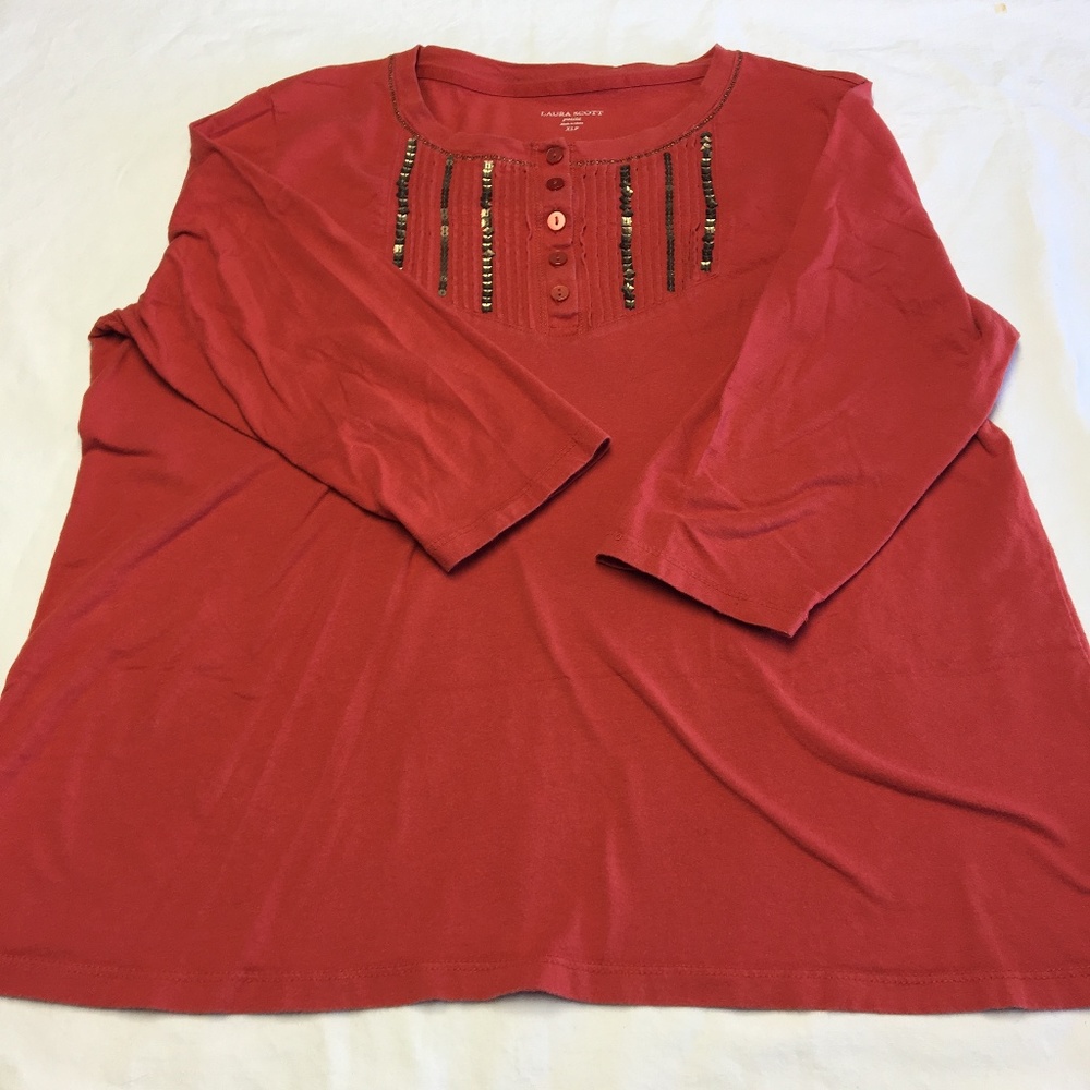 LAURA SCOTT PETITE RED LS EMBELLISHED BLOUSE SHIRT
